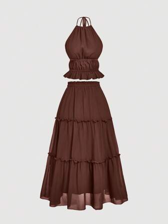SHEIN MOD Ensemble femme grande taille top court marron à col ras-du-cou avec volants superposés et longue jupe