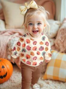 SHEIN Happikins 杏仁色可爱花卉蝴蝶结小南瓜图案秋日女婴休闲柔软加厚圆领长袖卫衣和打底裤套装，适合秋冬季节，舒适透气，适合女婴秋季叠穿，时尚百搭，休闲装扮，女婴图案服装，秋季服装，适合外出、野餐、居家、农场、万圣节等场合。