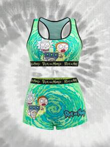 Rick and Morty X SHEIN Conjunto de sostén y shorts tipo boyshort con gráfico de figura de dibujos animados y ribete de contraste para mujer