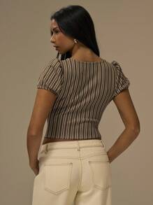 MUSERA V 领泡泡袖条纹纽扣修身上衣秋季可爱休闲干净女孩街头服饰节日乡村复古秋季秋季农舍