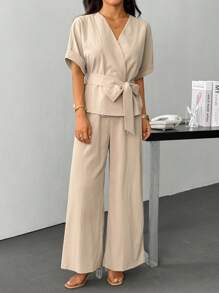 SHEIN PETITE 女士休闲优雅通勤V领收腰宽松衬衫上衣和弹力阔腿裤两件套西装，卡其色西装，适合春夏秋季，女士通勤套装，宽松休闲西装，通勤，优雅，教师节，工作服，毕业，女士教师装，返校 - 卡其色 - 查看 7