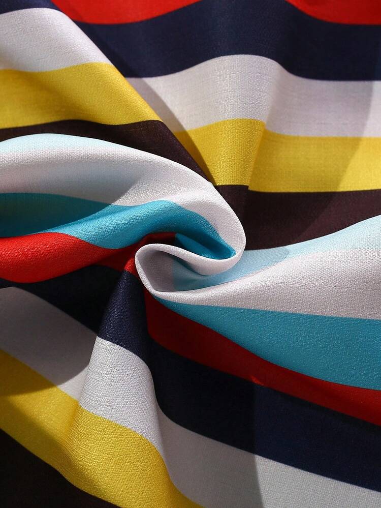 2pcs/Set Boys' Colorful Striped Short Sleeve Shirt And Shorts