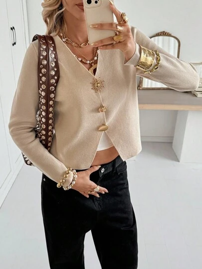 Siren Gaze Women's Metal Buckle Decor Long Sleeve Knit Cardigan, Metal Buttons Fall Women Clothes , Homecoming ,Going Out Tops Women ,Business Casual Woman,Old Money Style Women Women Cardigan Sweater V-Neck Cardigan Gold Button Cardigan Winter Casual