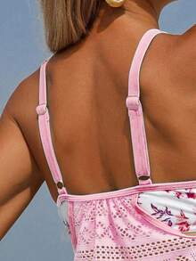 Swim Lushoire Bộ 2 áo tankini họa tiết hoa mùa hè cho nữ, áo lưới kiểm soát bụng và quần short hipster, áo vest, bikini dây - Hồng - Xem 5