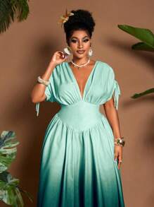 Maweii 大码女式优雅渐变色印花蝴蝶结 V 领 A 字长裙，蝙蝠袖，收腰设计，百搭设计，适合度假、海滩、音乐节、春夏季 - 彩色 - 查看 4