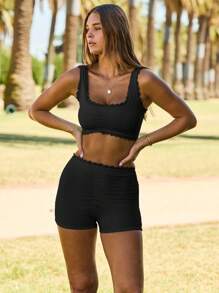 Aralina 女士休闲纯色蕾丝花边荷叶边运动吊带背心和短裤套装