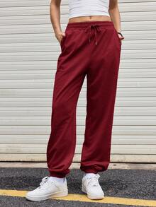 Streetz SHEIN Sport 女士纯色抽绳腰休闲慢跑裤，简约时尚 - 紅色 - 查看 3