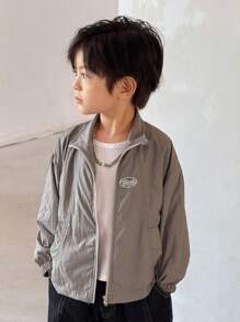 SHEIN Little Byeori Young Boy Casual Letter Print Front Zip Jacket Boys Zip Up Jacket Kids Zip Up Jacket Boys Summer Jacket Kids Summer Jacket Boy Jacket,In Fall/Winter - Grey - View 5
