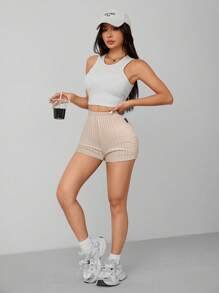 SHEIN PETITE Summer Marled Knit Biker Shorts - Apricot - View 4