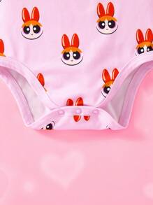 THE POWERPUFF GIRLS X SHEIN 3pcs Baby Girl Blossom, Bubbles, Buttercup Pattern Cute Short Sleeve Bodysuit Set, Pink/Blue/Green - Multicolor - View 5