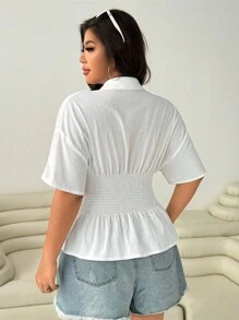 Solflare Women's Plus Size White Summer Silky Smart Casual Everyday Shirred Solid Button Up Shirt,Business Casual Long Sleeve Simple Top Comfort - White - View 7