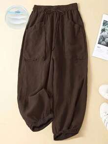 EMERY ROSE Plus Size Women's Solid Color Waist Tie Elastic Cuff Loose Casual Pants Fall - Brown - View 1