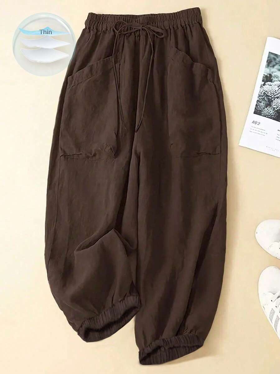 EMERY ROSE Plus Size Women's Solid Color Waist Tie Elastic Cuff Loose Casual Pants Fall - Brown - View 1