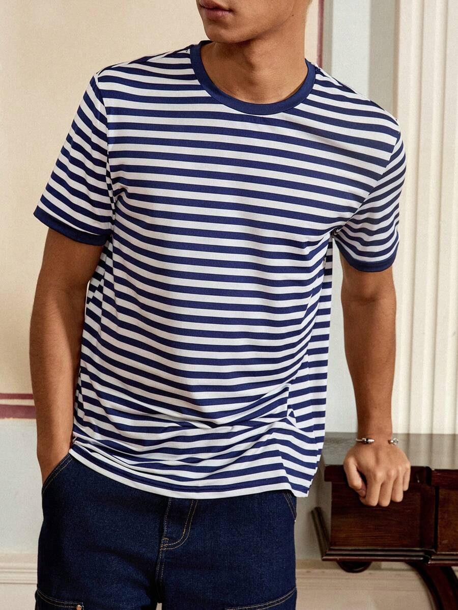 SWAVVY Men's Striped Slim Fit Round Neck T-Shirt, Summer