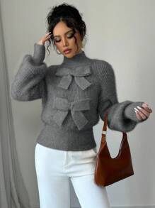 Elenzga Áo len cổ đứng màu trơn thanh lịch dành cho nữ có trang trí nơ, áo chui đầu dệt kim thu/đông - Xám - Xem 3