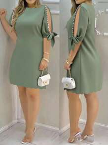 Elenzga Women's Round Neck Hollow Studded Bow Decor Casual Shell Hem Dress