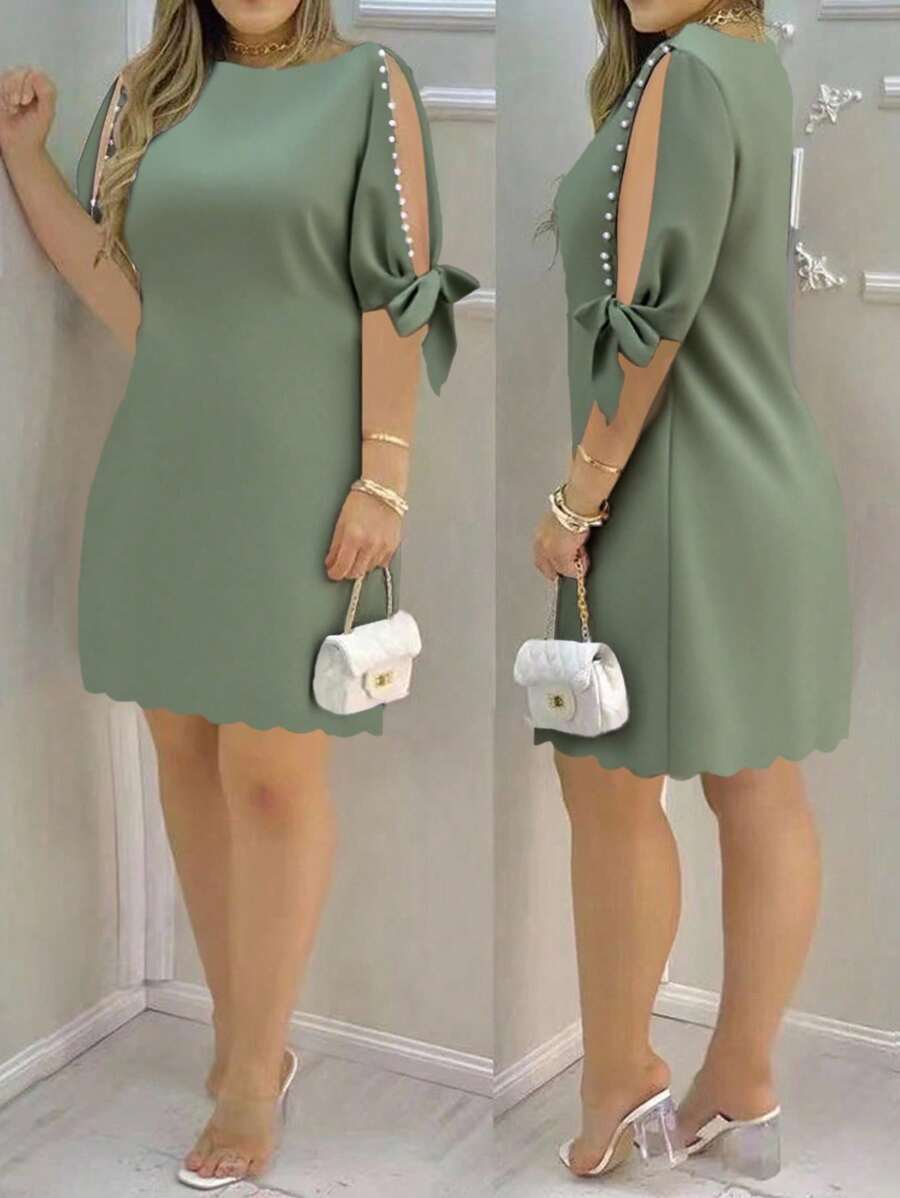 Elenzga Women's Round Neck Hollow Studded Bow Decor Casual Shell Hem Dress