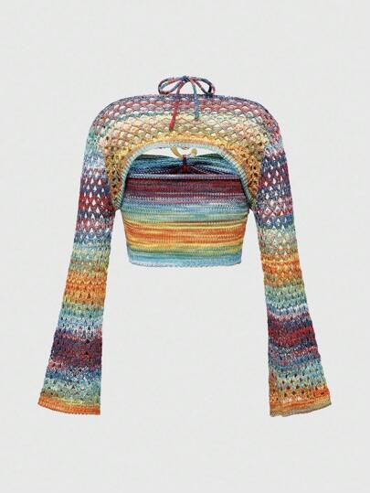 Hippie 2pcs Y2K Hippie Ombre Knit Vest + Cover Up Sweater Set