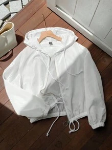 SHEIN EZwear 秋冬女式简约休闲纯色梭织轻薄拉链连帽夹克 - 白色 - 查看 5
