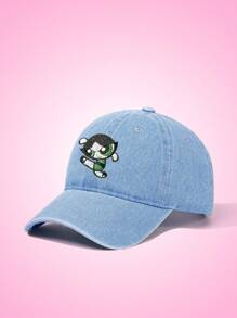 THE POWERPUFF GIRLS X SHEIN Cartoon Embroidered Fashionable Washed Blue Baseball Cap - Baby Blue - View 2