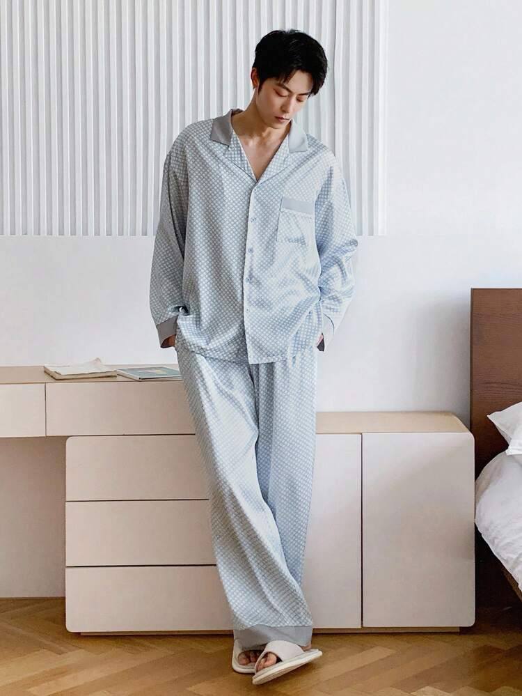 Blue Plaid Shirt Paired With Men's Loungewear Set, Autumn, Fall Clothes Pajama