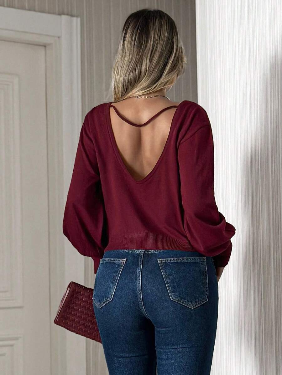 EURMUSE Chic Navy Knit Sweater With Dramatic Puff Sleeves, Fitted Cuffs, And Bold Deep Scoop Back Burgundy Top Open Back Top Fall Women Clothes Modest Old Money,Jumper,Cream Jumper,Jumpers,Black Jumper,Womens Jumper,White Jumper,Women's Jumper,Women's Jumpers - Burgundy - View 1