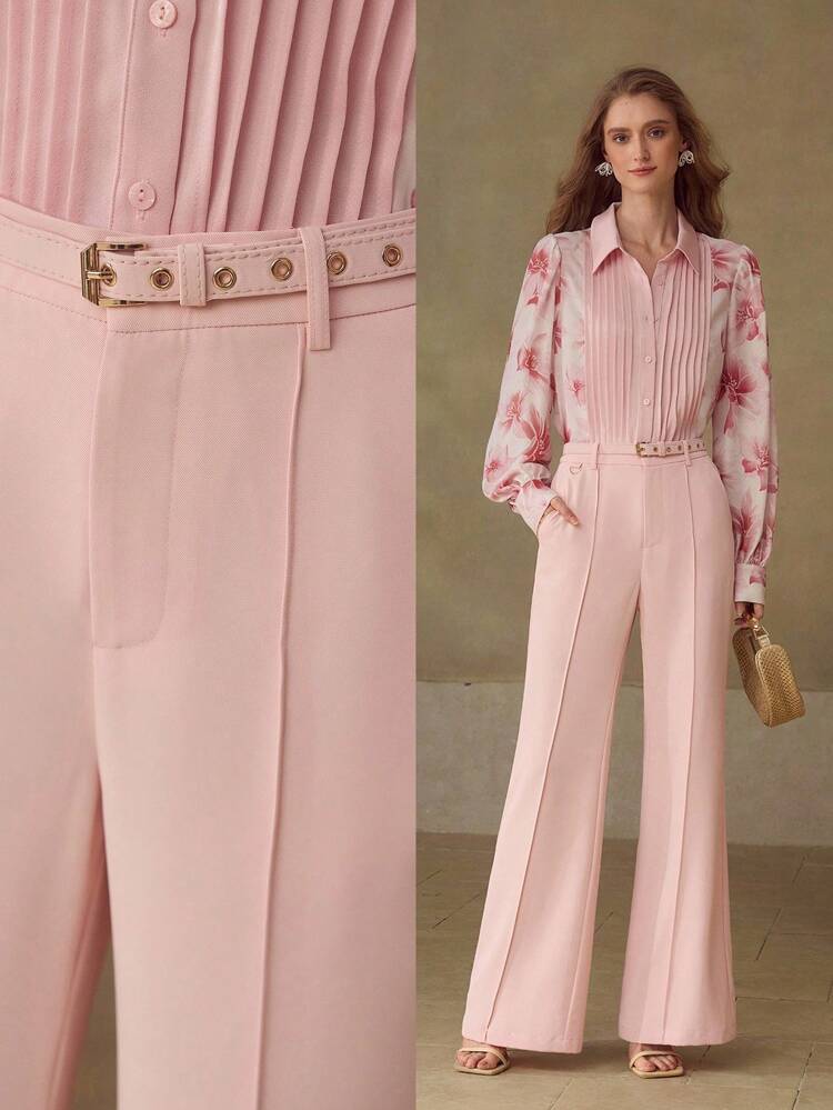 WOMEN'S ELEGANT PINTUCK FLARED LEG SUIT PANTS