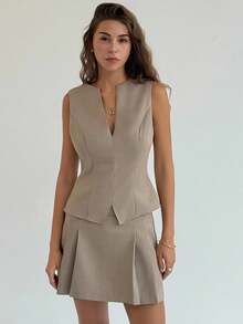 Aloruh Women's Khaki Deep V-Neck Sleeveless Vest & Pleated A-Line Skirt Set,Summer Elegant Work Minimalist Commuter Outfits,Teacher Fall Clothes For Women - Khaki - View 2