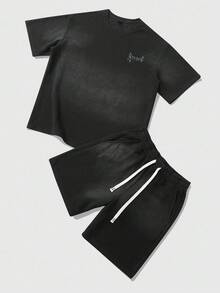 ROMWE MEN Casual Conjunto de camisetas para hombre, diseño americano de calle con efecto cebra, estampado gráfico en inglés, conjunto de manga corta - Gris - Ver 1