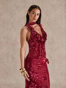 Glamine Women's Velvet Burnout Halter Neck Ruffle Trim Cinched Waist Camisole Top, Elegant Burgundy Color, Suitable For Outings, Dates, And Parties - Burgundy - View 7