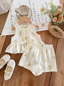 SHEIN 女童可爱夏季粉白条纹蝴蝶结无袖上衣和松紧腰短裤套装 - 卡其色 - 查看 6