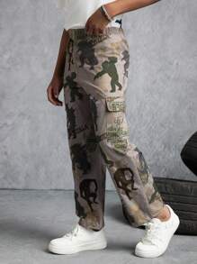 GODZILLAxKONG X SHEIN Pantalones cargo rectos de cintura elástica con estampado de monstruo, estilo casual y moderno para niño preadolescente - Verde militar - Ver 4