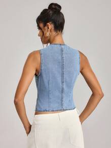 SHEIN Tall 女士休闲纽扣无袖牛仔背心 - 藍色 - 查看 2