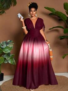 Maweii 大码女式优雅渐变色印花蝴蝶结 V 领 A 字长裙，蝙蝠袖，束腰设计，适合度假、海滩、音乐节、春夏季穿着 - 彩色 - 查看 5