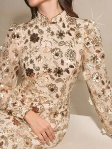 Anewsta Váy màu sâm panh thanh lịch với lưới hoa 3D, sequin, thích hợp cho tiệc tùng, hẹn hò, nghỉ dưỡng - Rượu sâm banh - Xem 6