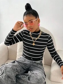 SHEIN 少女黑白条纹修身针织套头长袖T恤，休闲百搭叠穿上衣，Y2K秋冬款 - 黑色 - 查看 1