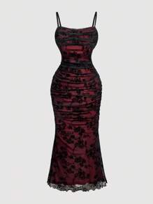 SHEIN MOD Váy hai dây lưới khoét lỗ jacquard cỡ lớn cho nữ, váy dự tiệc trà, đen và đỏ rượu, váy dạ hội câu lạc bộ Y2K, váy Goth, váy cổ điển, thanh lịch, lãng mạn, váy tương phản, váy hai dây, váy lưới, váy dạ hội Halloween, trang phục đi chơi - màu đen - Xem 2