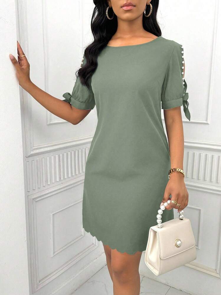 Elenzga Vestido casual de mujer con cuello redondo, decoración de lazo hueco con tachuelas y dobladillo de concha - Verde Pastel - Añade 5