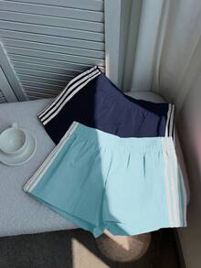 Comfortcana 2pcs Women's Summer Contrast Color Waistband Shorts - Blue - View 7