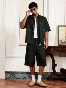SWAVVY Men's Casual Loose Vintage Style Shirt & Shorts Set, Summer - Black - View 3
