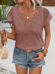 SHEIN Frenchy 女士V领短袖蕾丝边休闲宽松夏季短袖T恤