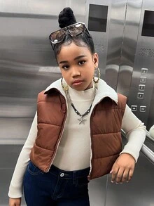 SHEIN Tween Girl Zip-Up Teddy Bear Lined Vest Jacket,In Fall/Winter , Puffer Vest