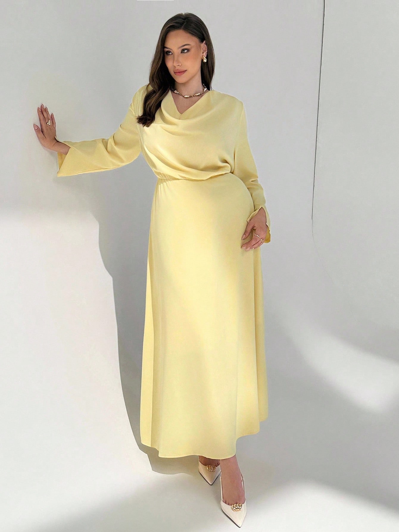 Auralis فستان نسائي أنيق بياقة منخفضة وأكمام طويلة...