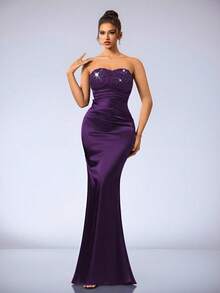 Coutiva 女士高端宴会礼服，亮片点缀设计的舞厅礼服，露肩，优雅奢华的礼服 - 中紫紅色 - 查看 6