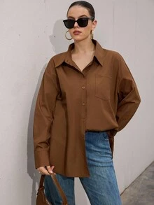 EMERY ROSE Camisa casual de manga larga, bolsillo y abotonadura sencilla para mujer de talla grande, unicolor - Marrón - Ver 1