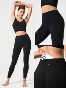 GLOWMODE 26英寸FeatherFit™ 保持经典无缝高腰粘合舒适后袋紧身裤低冲击瑜伽工作室日常穿着 - 黑色 - 查看 9