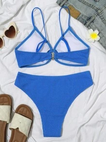 Swim Vcay Summer Beach Ring Linked Bikini Set - Blue - View 2