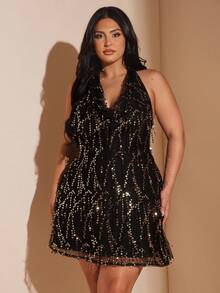 SHEIN BAE 大码女式亮片迷你连衣裙、毕业季、派对鸡尾酒会礼服、流苏亮片连衣裙 - 黑色 - 查看 3