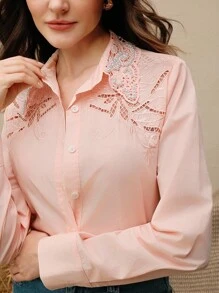 Anewsta 女士优雅高端镂空设计刺绣拼布水溶领单排扣衬衫，夏季 - 淺粉色 - 查看 1