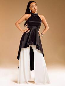 Solid Taffeta Halter Neck High Low Hemline Open Back Top - Black - View 4